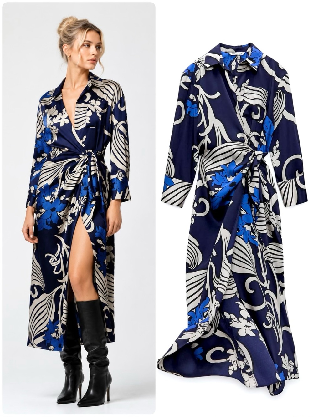 ZARA Satin Wrap Midi Dress Long Sleeve Floral Print Pocket Chest Collared